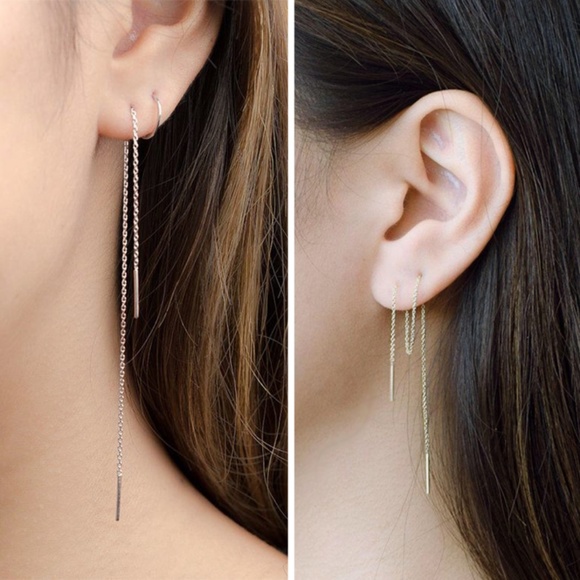 Earrings Short Threader Chain Silver Plated - Picture 4 of 4